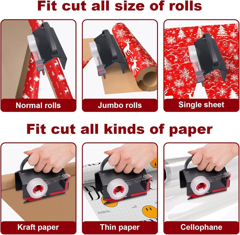 Nollapo 2-in-1 Wrapping Paper Cutter & Tape Dispenser, Gift Wrap Cutter Tool with 4 Tapes & Replaceable Blades, Fast Straight Cutting Tool for Birthday, Office, and Home Wrapping - Image 5